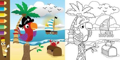 ilustração vetorial, livro de colorir de papagaio engraçado em boné de pirata na praia no verão, desenho animado de elementos de pirata vetor