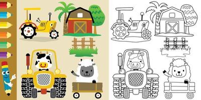 vetor de desenhos animados de elementos de campo agrícola com animais engraçados, livro para colorir ou página