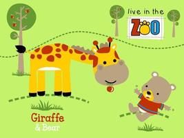 ilustração vetorial de boa girafa de desenho animado e ursinho no zoológico vetor