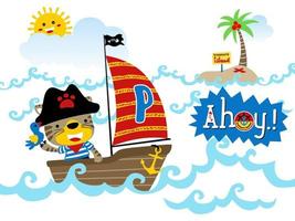desenho vetorial de gato engraçado em fantasia de pirata com um pássaro em veleiro, ilustração de elemento pirata vetor