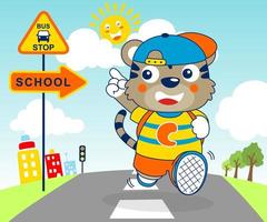 ilustração em vetor de pequeno tigre indo para a escola andando na estrada, elemento de tráfego da cidade no fundo do céu azul