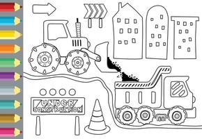 desenho animado do processo de construção com veículos de construção, elementos de construção, livro para colorir ou página vetor