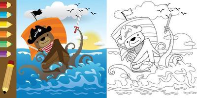 ilustração vetorial de urso fofo em fantasia de pirata em veleiro lutando com monstro do mar, livro para colorir ou página vetor