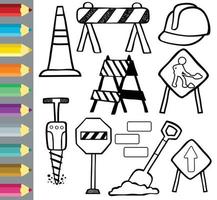 conjunto vetorial de sinal de construção, desenho animado de elementos de construção, livro de colorir ou página vetor