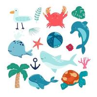 animais marinhos dos desenhos animados. peixe bonito do oceano, polvo, tubarão e tartaruga, água-viva, caranguejo e foca. Conjunto de ilustração vetorial de criaturas da vida selvagem subaquática.