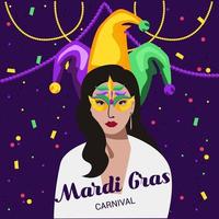 cartão de convite para uma festa de carnaval. máscara tradicional com penas, maracas, fogos de artifício, folhas tropicais para carnaval, mardi gras, festival, baile de máscaras, desfile. vetor