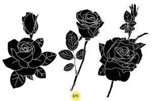 conjunto de silhuetas rosas decorativas pretas, silhuetas pretas vetoriais de flores isoladas em um fundo branco. vetor