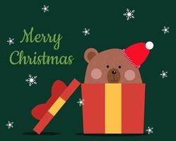 conceito de feliz natal, há um urso fofo que usa chapéu de natal vermelho em uma caixa de presente com neve caindo para o seu design. vetor