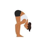 mulher fazendo pose de dobra para frente em pé, pose de alongamento intenso, alongamento intenso para frente, pose de dobra para frente em pé, pose de mão para perna. uttanasana. ilustração vetorial plana isolada no fundo branco vetor