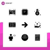 conjunto de glifos sólidos de interface móvel de 9 pictogramas de elementos de design de vetores editáveis de corte de seta do processador avançado direito