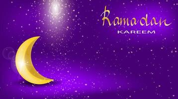 elegante ramadan kareem com lua dourada e lanterna luminosa sobre fundo roxo vetor