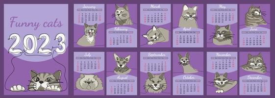 calendário vertical vetorial 2023 com gatos engraçados em estilo de arte de linha. semana começa a partir de domingo vetor