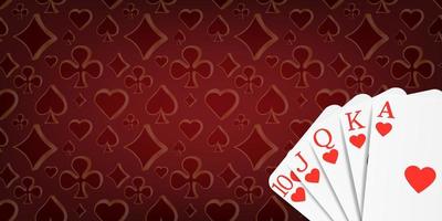 fundo de cartas de baralho de pôquer e cassino com royal flush no vermelho vetor
