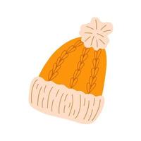 chapéu de tricô quente com pompom para clima frio, ilustração vetorial simples desenhada à mão estilo simples, chapelaria da moda feminina, acessório de inverno para o natal, decoração de comemoração de feriado de ano novo vetor