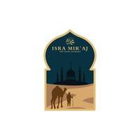 cartão de saudação isra miraj com design de ilustração vetorial de logotipo islâmico de mesquita de camelo e deserto vetor