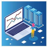 conexão de datacenter da internet, administrador do conceito de hospedagem na web. caractere e texto para serviços. banco de dados de software de hardware do centro de reparo técnico para servidor seguro. ilustração vetorial isométrica plana vetor