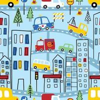 vetor de padrão perfeito de desenhos animados de paisagem urbana desenhados à mão, ilustração de elementos de tráfego da cidade
