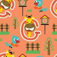 vetor de padrão perfeito de desenhos animados de girafas e pássaros, ilustração de elementos do zoológico