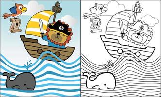 ilustração vetorial de leão em fantasia de pirata em veleiro, desenho animado de elementos piratas, livro de colorir ou página vetor