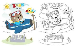 ilustração vetorial de urso piloto no avião com passarinho, livro para colorir ou página vetor