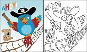 desenho animado de papagaio engraçado em fantasia de pirata segurando binóculo, desenho animado de elementos piratas, livro de colorir ou página vetor