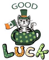 st. gato bonito do dia de são patrício com chapéu verde com texto de boa sorte e bandeira irlandesa vetor