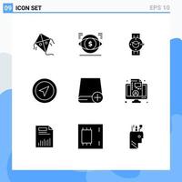 grupo de 9 sinais e símbolos de glifos sólidos para adicionar mapa de relógio de ponteiro android elementos de design de vetores editáveis