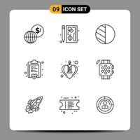grupo de símbolos de ícone universal de 9 contornos modernos de elementos de design de vetores editáveis de quadro de notas de amor de coração