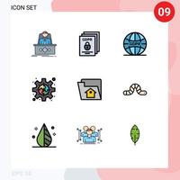 pacote de cores planas de linha preenchida de 9 símbolos universais de engrenagem de plug-in protege conectar elementos de design de vetores editáveis à Internet