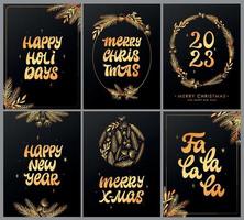 conjunto de 6 cartões de natal e ano novo, pôsteres, estampas, convites, modelos, banners, etc. citações de letras douradas decoradas com galhos de árvores de abeto em fundos pretos. eps 10