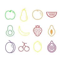conjunto simples de ícones de linha de cores vetoriais relacionados a frutas. contém ícones como morango, laranja, banana e muito mais. vetor