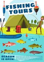 passeios esportivos de pesca com camping, vetor