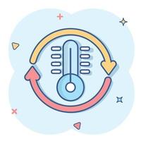 ícone de controle climático de termômetro em estilo cômico. ilustração vetorial dos desenhos animados do equilíbrio da meteorologia no fundo branco isolado. conceito de negócio de efeito de respingo de temperatura quente e fria. vetor