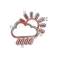 ícone do tempo em estilo cômico. sol, nuvem e chuva ilustração vetorial dos desenhos animados no fundo branco isolado. conceito de negócio de sinal de efeito de respingo de meteorologia. vetor