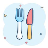 ícone do restaurante garfo e faca em estilo cômico. pictograma de ilustração de desenho vetorial de equipamento de jantar. efeito de respingo de conceito de negócio de restaurante. vetor