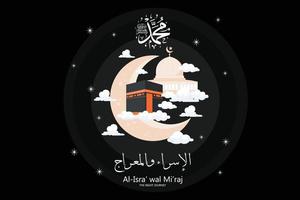 isra e mi'raj escritos em caligrafia islâmica árabe. a tradução é isra e mi'raj são as duas partes de uma jornada noturna de acordo com o Islã, ilustração moderna de vetor plano