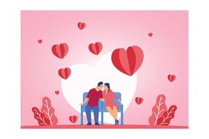 ilustração em vetor de um casal se beijando no fundo do coração branco com flor de coração no chão rosa. conceito de amor, plano de fundo do dia dos namorados, ilustração moderna de vetor plano