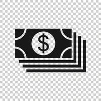 ícone de notas de moeda de dólar em estilo simples. ilustração em vetor dinheiro dólar em fundo branco isolado. conceito de negócio de nota de banco.