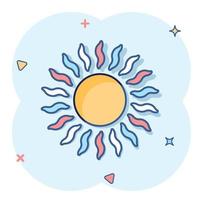 ícone do sol em estilo cômico. luz solar ilustração vetorial de sinal dos desenhos animados no fundo branco isolado. conceito de negócio de efeito de respingo de luz do dia. vetor