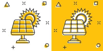 ícone do painel solar em estilo cômico. ilustração em vetor ecologia energia dos desenhos animados no fundo branco isolado. conceito de negócio de sinal de efeito de respingo de eletricista.