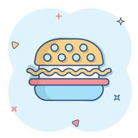 ícone de sinal de hambúrguer em estilo cômico. ilustração dos desenhos animados do vetor hambúrguer em fundo branco isolado. efeito de respingo de conceito de negócio de cheeseburger.