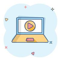 ícone do processo de treinamento on-line em estilo cômico. webinar seminário pictograma de ilustração vetorial dos desenhos animados. efeito de respingo de conceito de negócio de e-learning. vetor