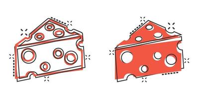 ícone de fatia de queijo em estilo cômico. ilustração em vetor leite comida dos desenhos animados no fundo isolado. conceito de negócio de sinal de efeito de respingo de café da manhã.