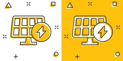 ícone do painel solar em estilo cômico. ilustração em vetor ecologia energia dos desenhos animados no fundo branco isolado. conceito de negócio de sinal de efeito de respingo de eletricista.