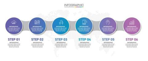 design de infográficos 6 etapas com ícones de marketing podem ser usados para layout de fluxo de trabalho, diagrama, relatório anual, web design. vetor