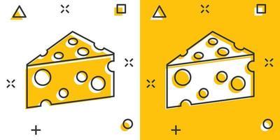 ícone de fatia de queijo em estilo cômico. ilustração em vetor leite comida dos desenhos animados no fundo isolado. conceito de negócio de sinal de efeito de respingo de café da manhã.