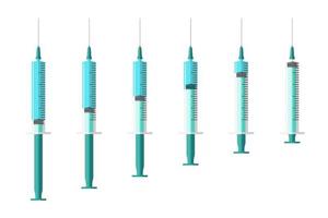 conjunto de dispositivo de aplicação de injetor de seringa de medicamento. seringas de injeção de drogas médicas vazias e cheias de líquido. coleta de injeções subcutâneas e intramusculares. cuidados e tratamento vacina. vetor