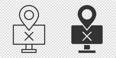 ícone de navegação de computador em estilo simples. monitor pin gps ilustração vetorial no fundo branco isolado. conceito de negócio de localização de área da cidade. vetor