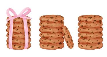 conjunto de biscoitos de aveia, biscoitos caseiros, biscoitos com chocolate, pedaços de chocolate, biscoitos amarrados com um laço vetor
