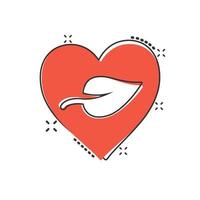 ícone de coração e folha em estilo cômico. ilustração vetorial de desenho animado vegano em fundo branco isolado. natureza amor respingo efeito sinal conceito de negócio. vetor